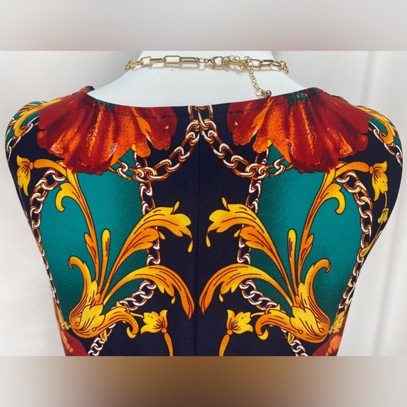 MSK Navy orange red Teal chain and floral print sleeveless dress women’s size M - Picture 10 of 16